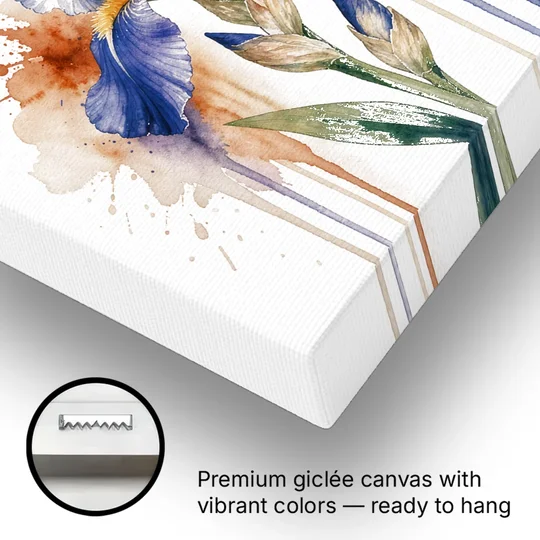 Yellow Butterfly Wall Art with Blue Flag Iris - Canvas Wall Art - Gallery Wrap Corner