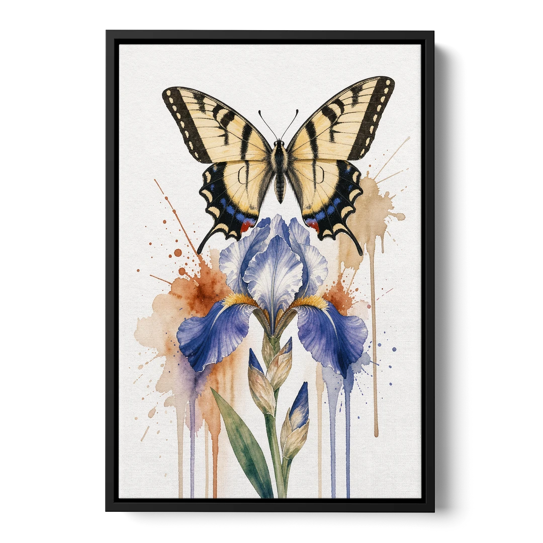 Yellow Butterfly Wall Art with Blue Flag Iris - Black Framed Canvas Wall Art - Front