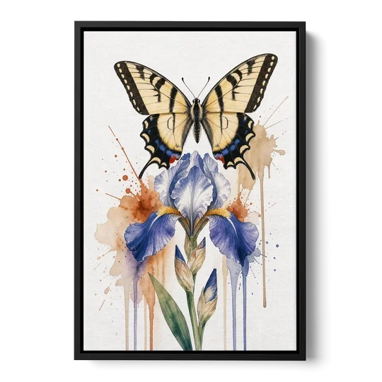 Yellow Butterfly Wall Art with Blue Flag Iris - Black Framed Canvas Wall Art - Front