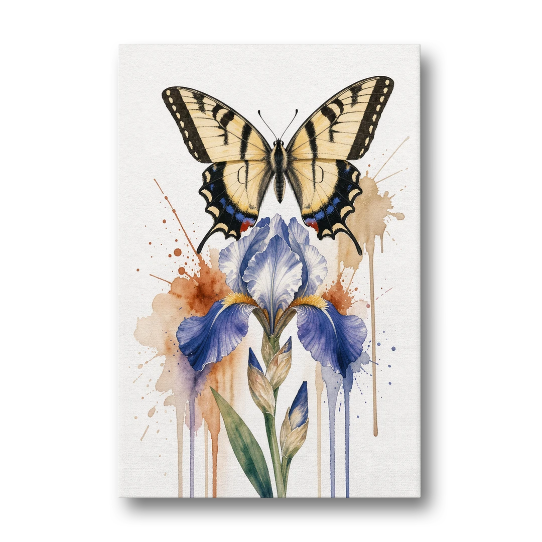 Yellow Butterfly Wall Art with Blue Flag Iris - Canvas Wall Art - Front