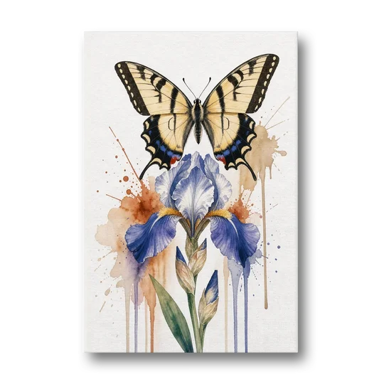 Yellow Butterfly Wall Art with Blue Flag Iris - Canvas Wall Art - Front