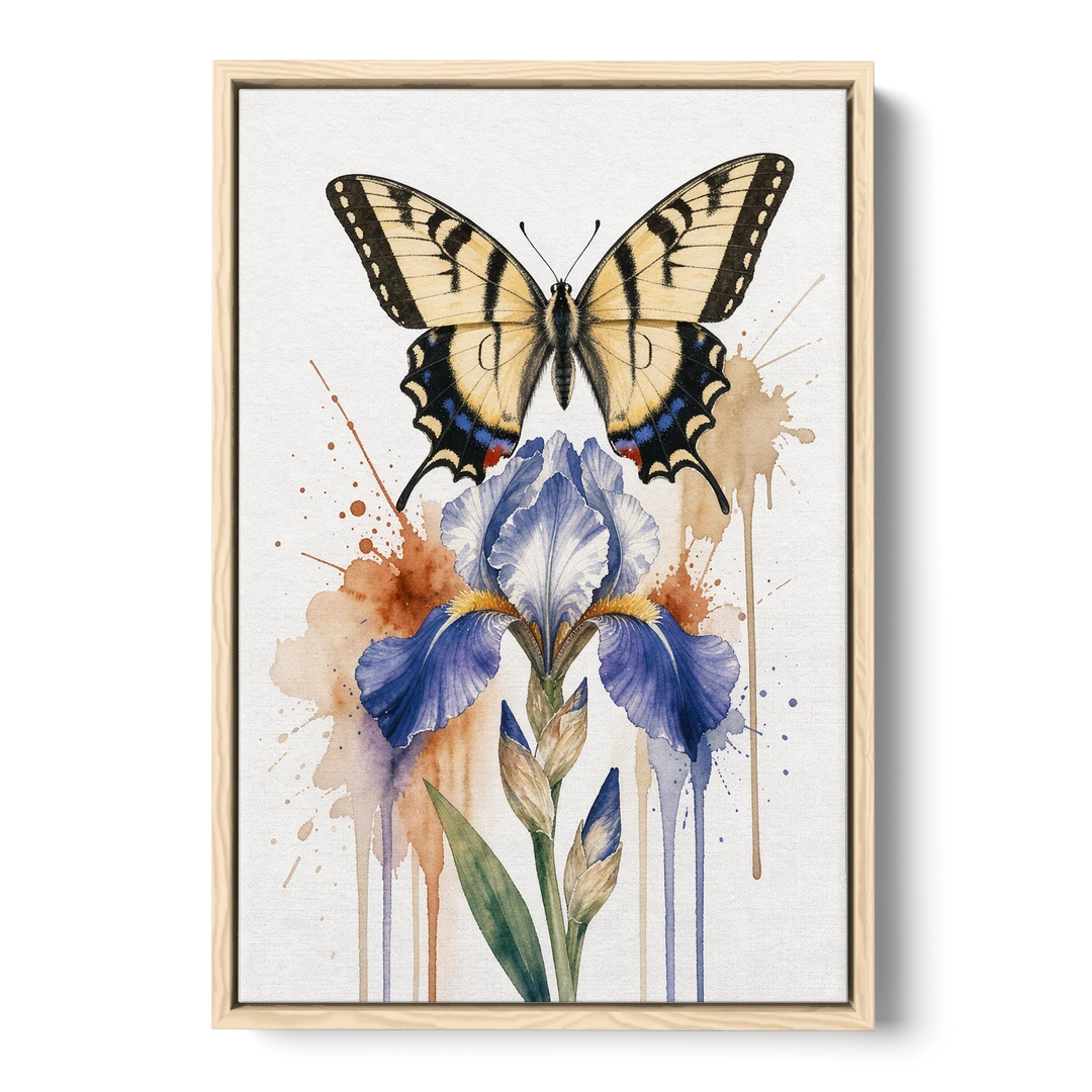 Yellow Butterfly Wall Art with Blue Flag Iris - Oak Framed Canvas Wall Art - Front