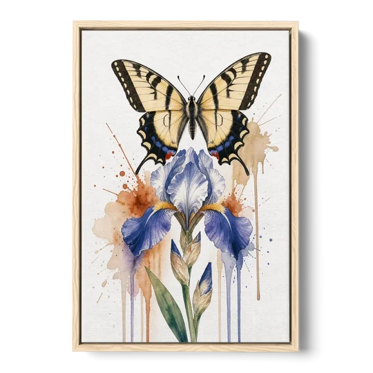 Yellow Butterfly Wall Art with Blue Flag Iris - Oak Framed Canvas Wall Art - Front