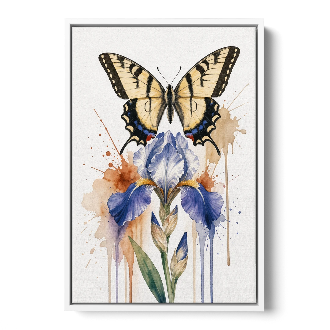 Yellow Butterfly Wall Art with Blue Flag Iris - White Framed Canvas Wall Art - Front