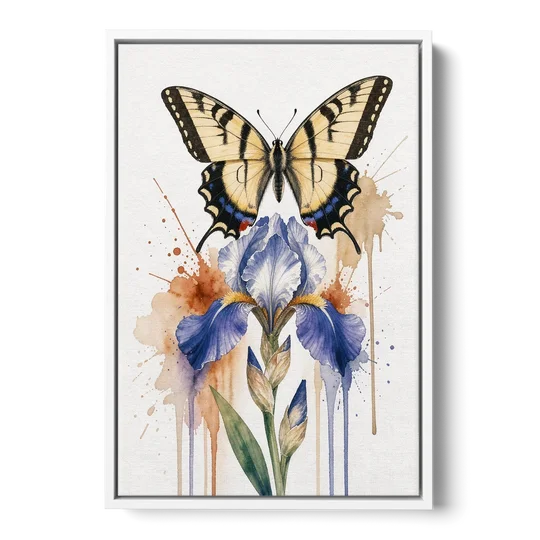 Yellow Butterfly Wall Art with Blue Flag Iris - White Framed Canvas Wall Art - Front