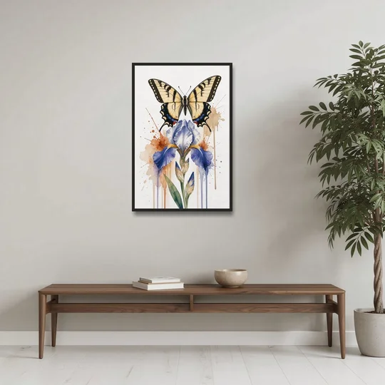 Yellow Butterfly Wall Art with Blue Flag Iris - Black Framed Canvas Wall Art - Coffee Table - 24x36