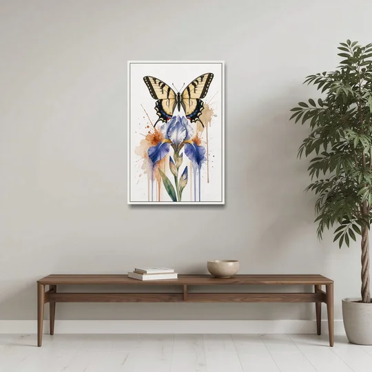 Yellow Butterfly Wall Art with Blue Flag Iris - White Framed Canvas Wall Art - Coffee Table - 24x36