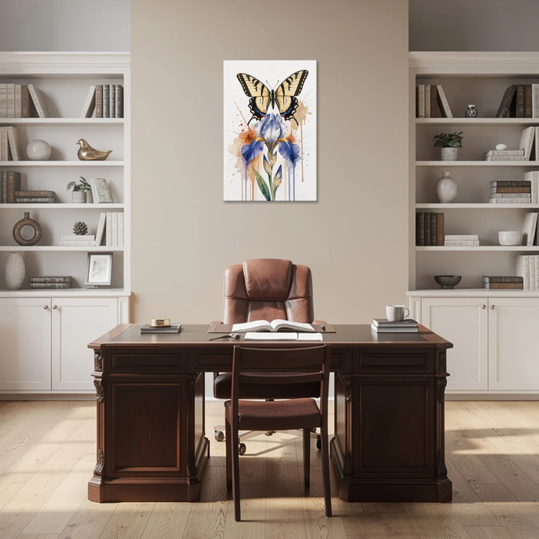 Yellow Butterfly Wall Art with Blue Flag Iris - Canvas Wall Art - Office - 24x36