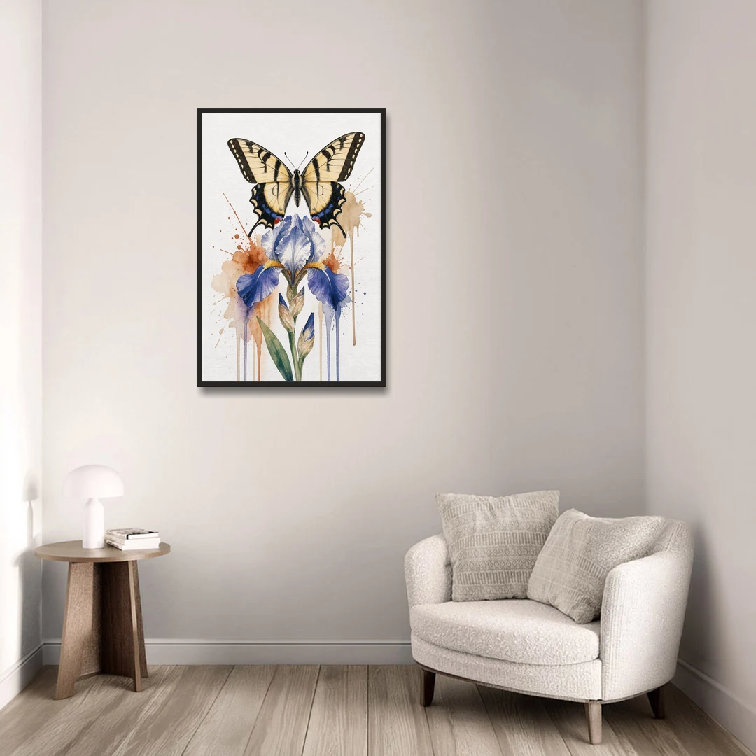 Yellow Butterfly Wall Art with Blue Flag Iris - Black Framed Canvas Wall Art - Sofa - 24x36
