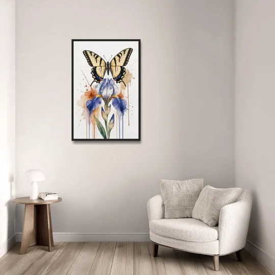 Yellow Butterfly Wall Art with Blue Flag Iris - Black Framed Canvas Wall Art - Sofa - 24x36