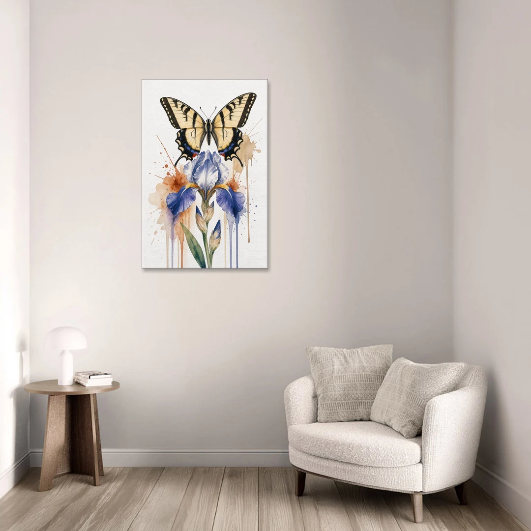 Yellow Butterfly Wall Art with Blue Flag Iris - Canvas Wall Art - Sofa - 24x36
