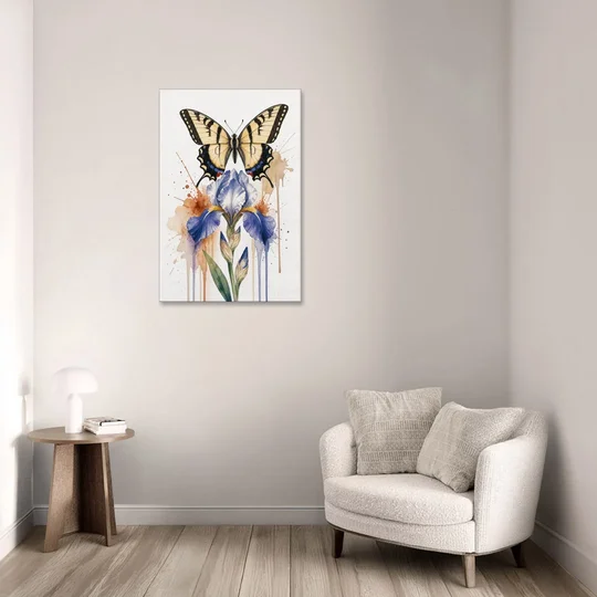 Yellow Butterfly Wall Art with Blue Flag Iris - Canvas Wall Art - Sofa - 24x36