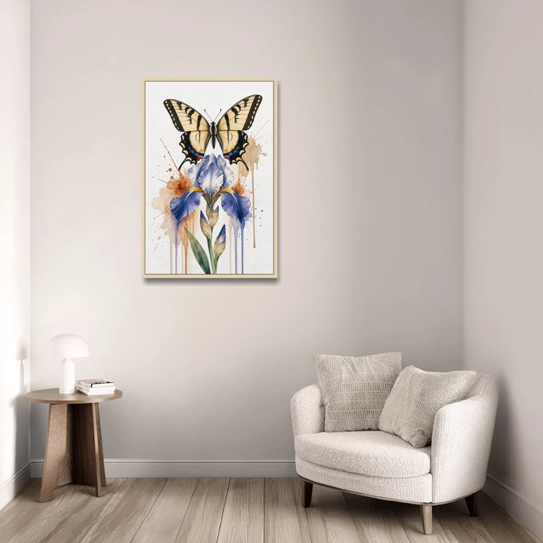 Yellow Butterfly Wall Art with Blue Flag Iris - Oak Framed Canvas Wall Art - Sofa - 24x36