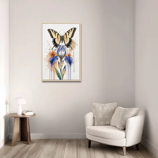 Yellow Butterfly Wall Art with Blue Flag Iris - Oak Framed Canvas Wall Art - Sofa - 24x36