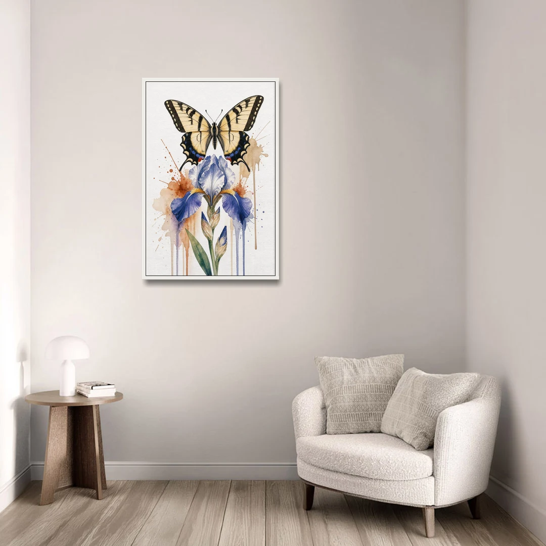 Yellow Butterfly Wall Art with Blue Flag Iris - White Framed Canvas Wall Art - Sofa - 24x36