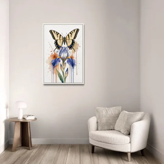 Yellow Butterfly Wall Art with Blue Flag Iris - White Framed Canvas Wall Art - Sofa - 24x36