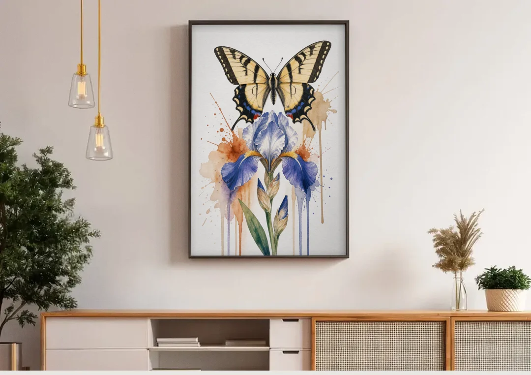 Yellow Butterfly Wall Art with Blue Flag Iris canvas wall art above a wooden sideboard under pendant lights
