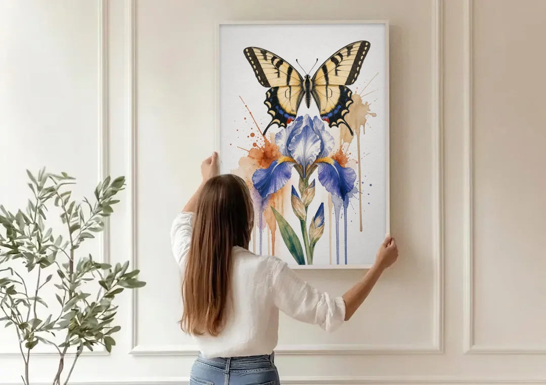 Yellow Butterfly Wall Art with Blue Flag Iris canvas wall art being hung on a paneled wall