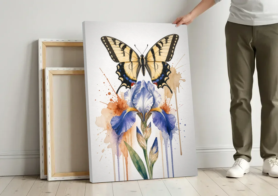 Yellow Butterfly Wall Art with Blue Flag Iris canvas wall art leaning against a wall next to blank canvases