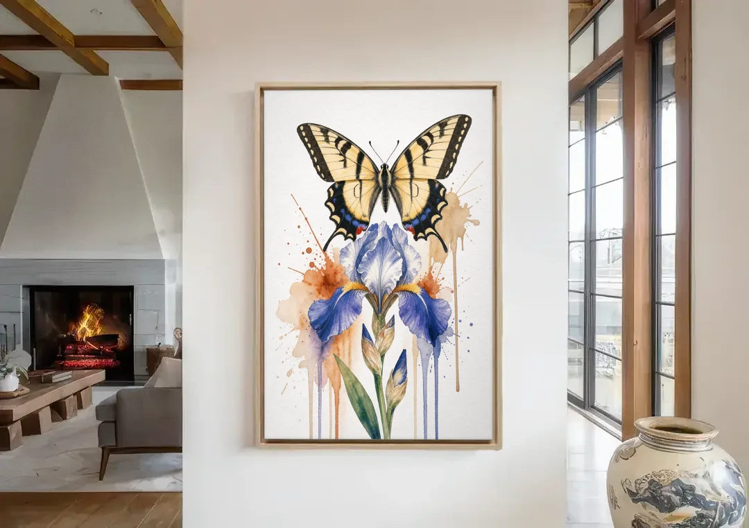 Yellow Butterfly Wall Art with Blue Flag Iris canvas wall art in a living room with a fireplace