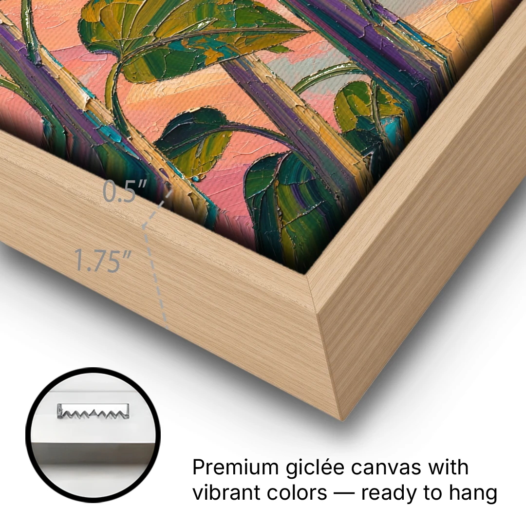 Impasto Yellow Flower Looking Up at Dusk - Oak Framed Canvas Wall Art - Gallery Wrap Corner