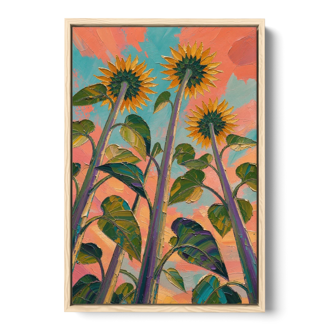 Impasto Yellow Flower Looking Up at Dusk - Oak Framed Canvas Wall Art - Front
