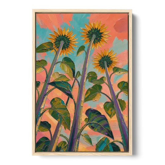Impasto Yellow Flower Looking Up at Dusk - Oak Framed Canvas Wall Art - Front