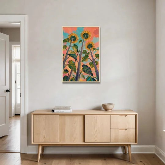 Impasto Yellow Flower Looking Up at Dusk - Oak Framed Canvas Wall Art - Coffee Table - 24x36