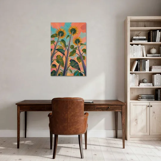 Impasto Yellow Flower Looking Up at Dusk - Canvas Wall Art - Office - 24x36