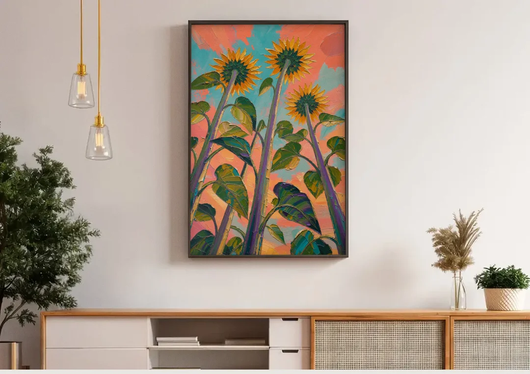 Impasto Yellow Flower Looking Up at Dusk canvas wall art above a wooden sideboard under pendant lights