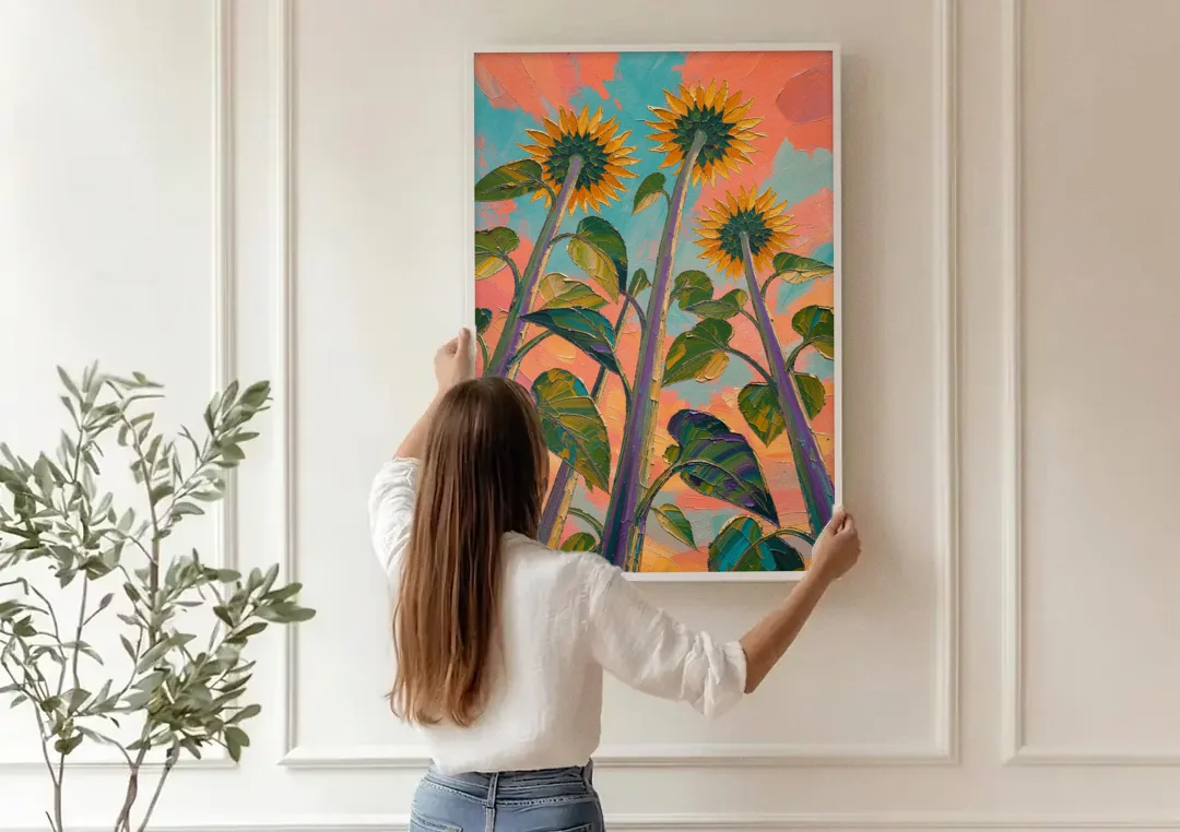 Impasto Yellow Flower Looking Up at Dusk canvas wall art being hung on a paneled wall