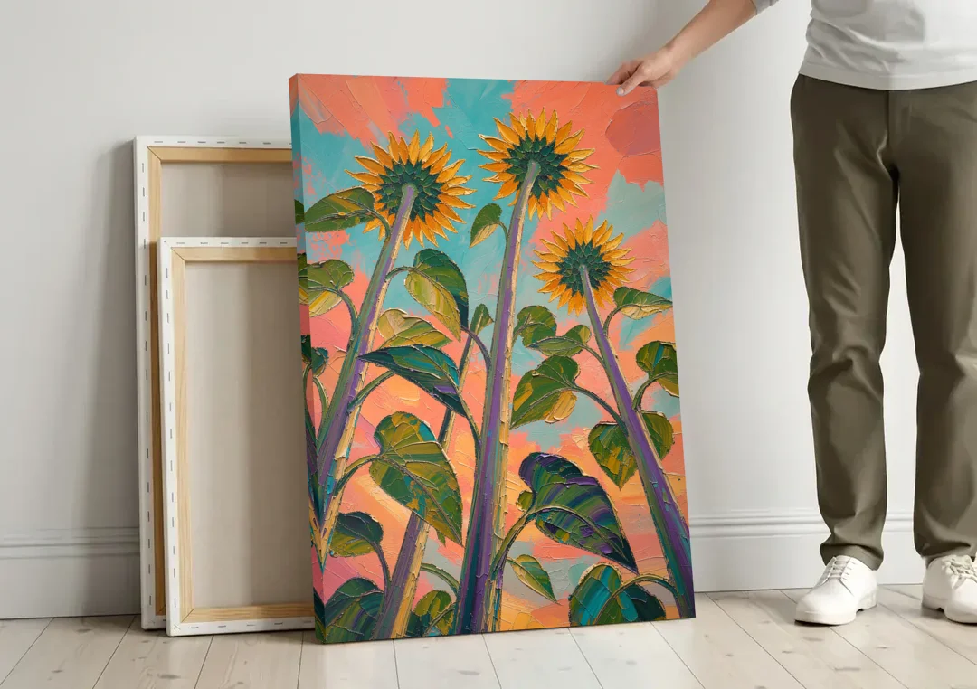 Impasto Yellow Flower Looking Up at Dusk canvas wall art leaning against a wall next to blank canvases