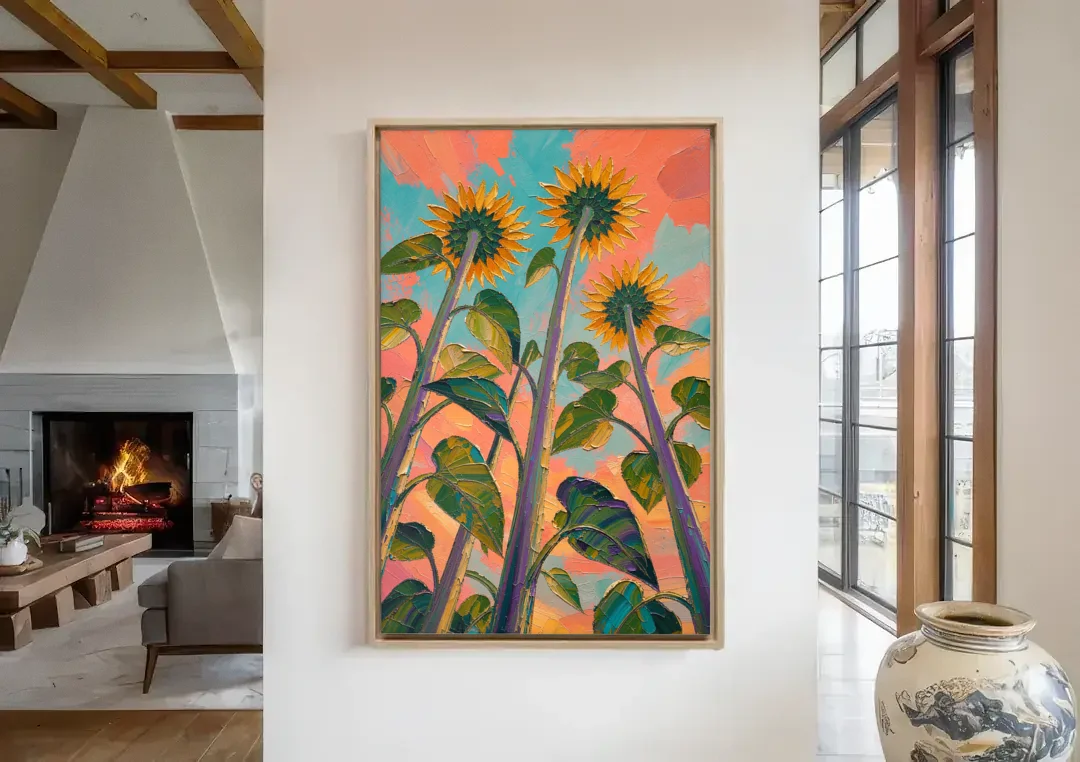 Impasto Yellow Flower Looking Up at Dusk canvas wall art in a living room with a fireplace