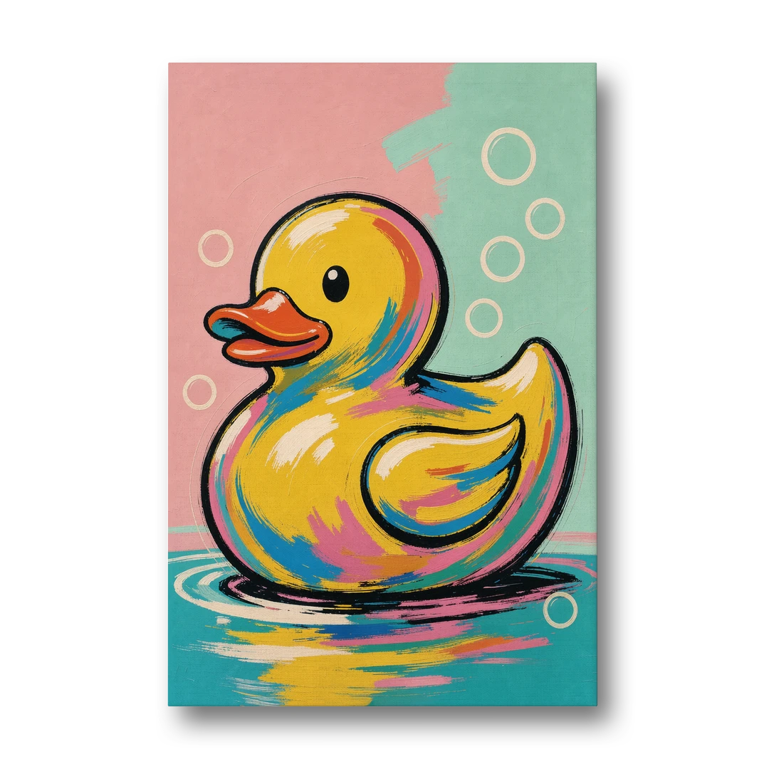 Yellow Rubber Duck Floating with Pop Bubbles - Canvas Wall Art - Front