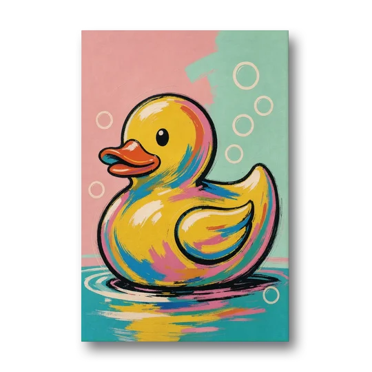 Yellow Rubber Duck Floating with Pop Bubbles - Canvas Wall Art - Front