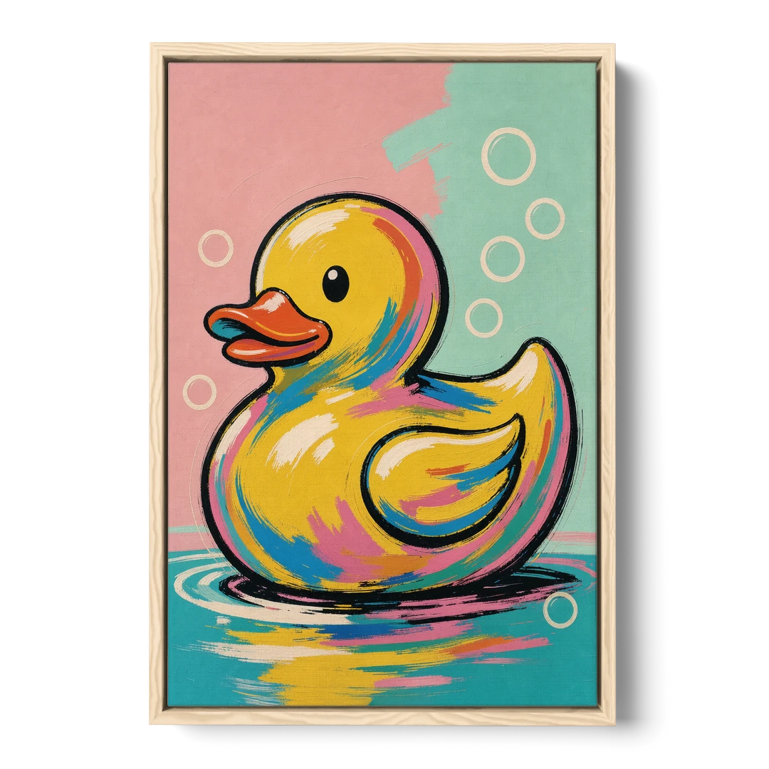 Yellow Rubber Duck Floating with Pop Bubbles - Oak Framed Canvas Wall Art - Front