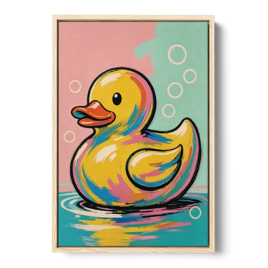 Yellow Rubber Duck Floating with Pop Bubbles - Oak Framed Canvas Wall Art - Front