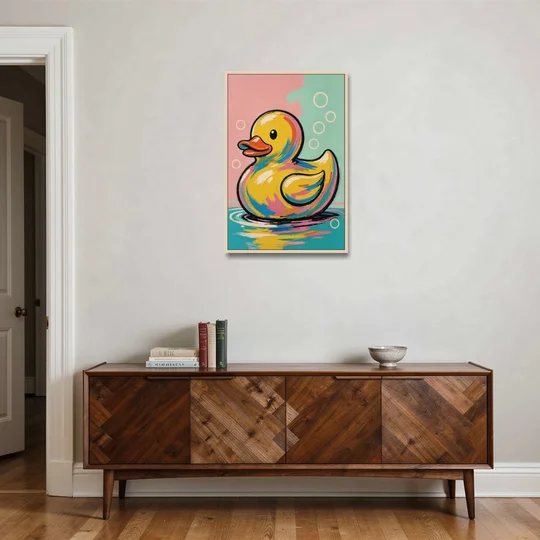 Yellow Rubber Duck Floating with Pop Bubbles - Oak Framed Canvas Wall Art - Coffee Table - 24x36