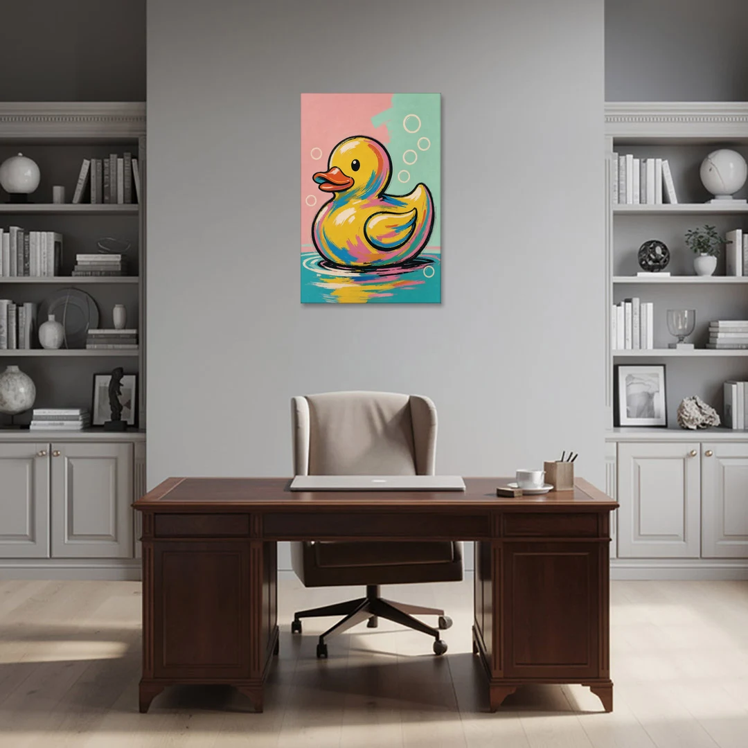 Yellow Rubber Duck Floating with Pop Bubbles - Canvas Wall Art - Office - 24x36