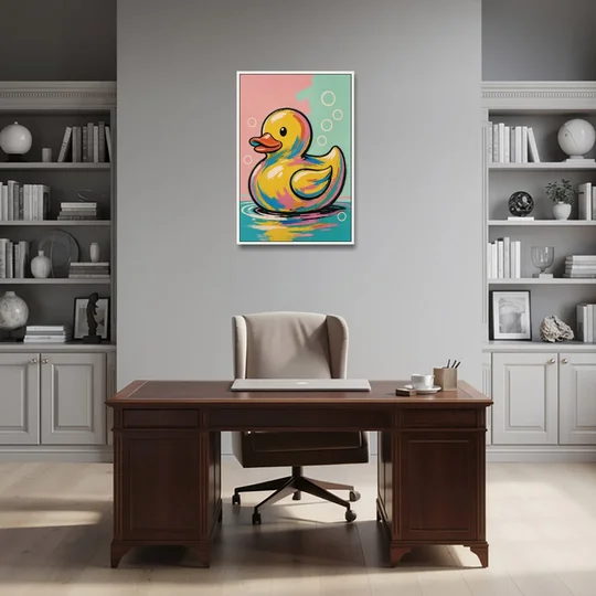 Yellow Rubber Duck Floating with Pop Bubbles - White Framed Canvas Wall Art - Office - 24x36