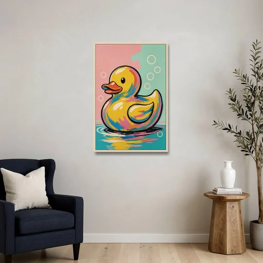 Yellow Rubber Duck Floating with Pop Bubbles - Oak Framed Canvas Wall Art - Sofa - 24x36