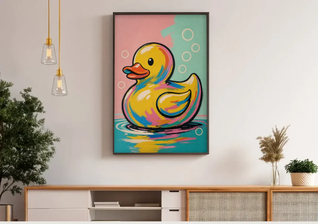 Yellow Rubber Duck Floating with Pop Bubbles canvas wall art above a wooden sideboard under pendant lights