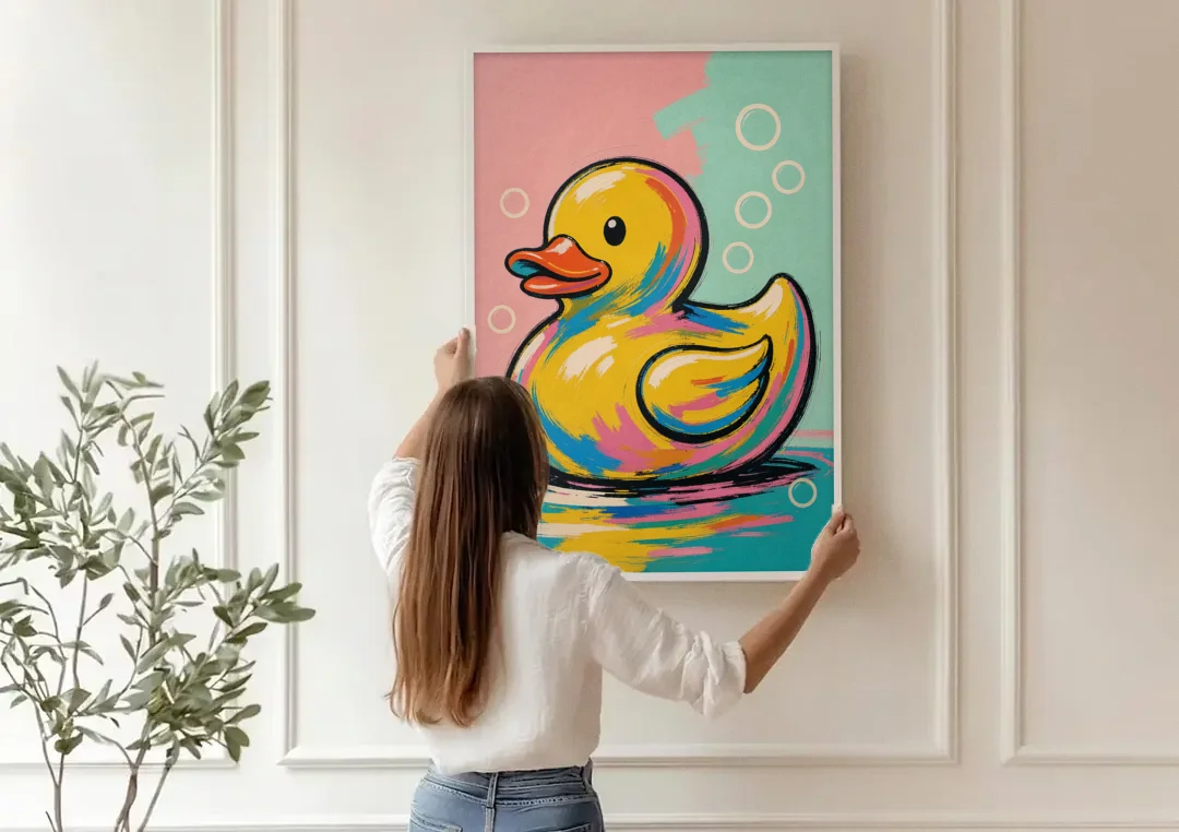 Yellow Rubber Duck Floating with Pop Bubbles canvas wall art being hung on a paneled wall