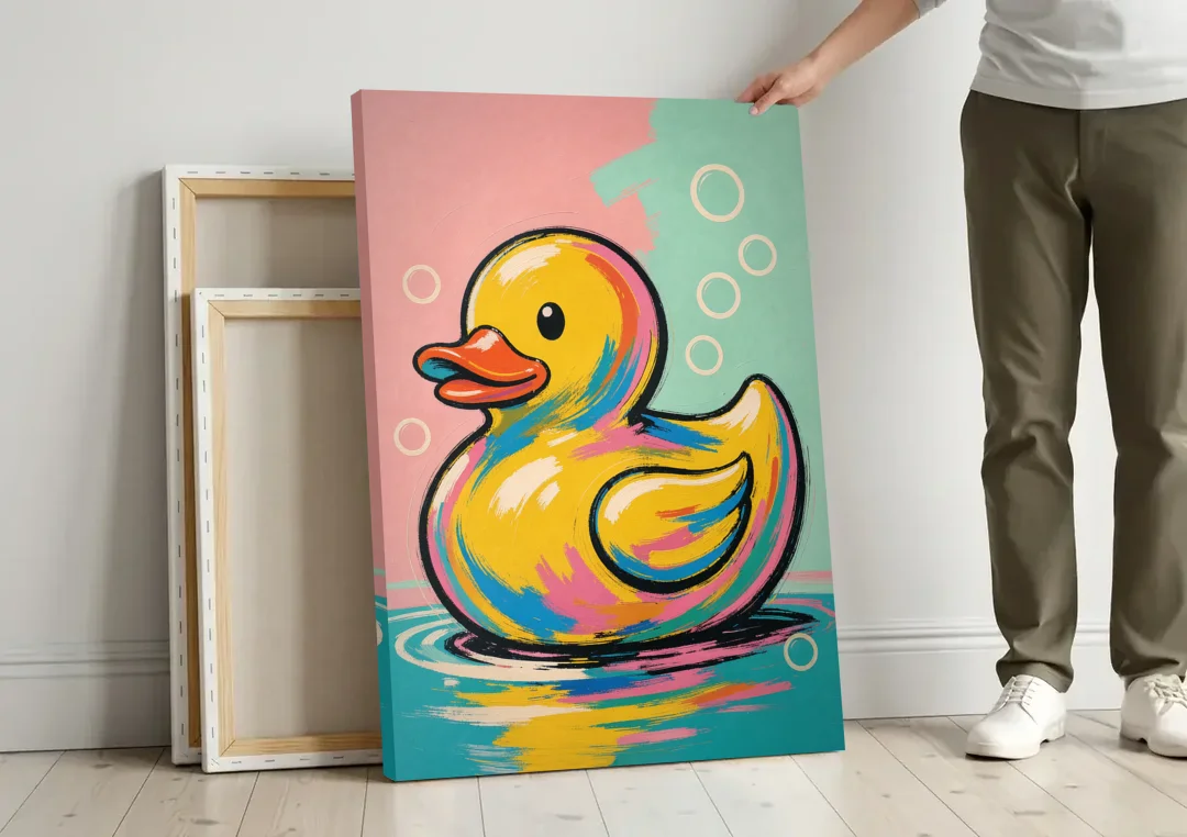 Yellow Rubber Duck Floating with Pop Bubbles canvas wall art leaning against a wall next to blank canvases