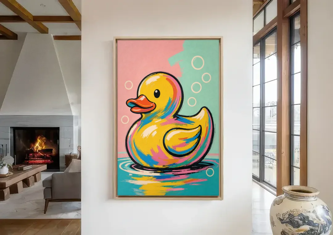 Yellow Rubber Duck Floating with Pop Bubbles canvas wall art in a living room with a fireplace