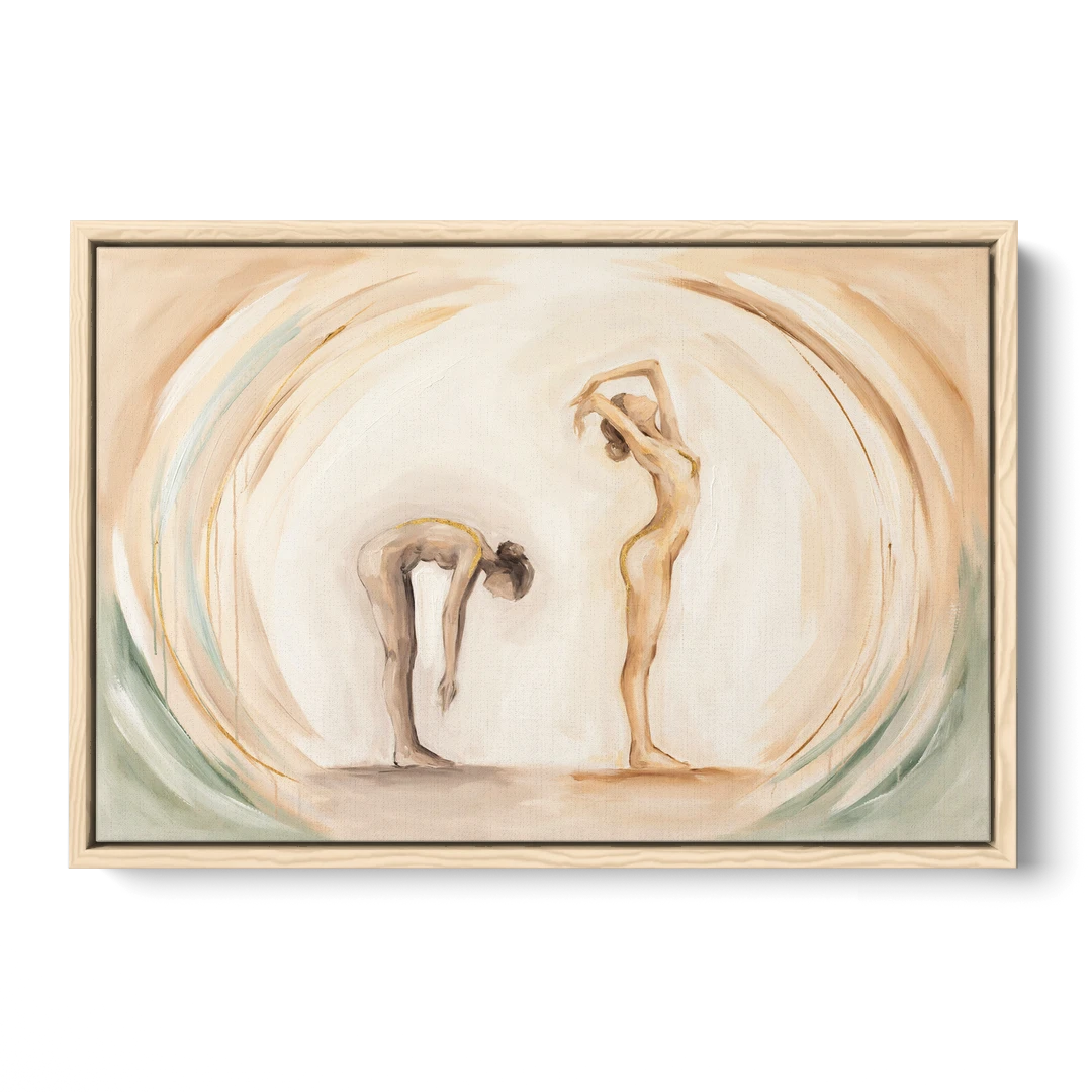 Yoga Painting of Forward Fold and Backbend - Oak Framed Canvas Wall Art - Front