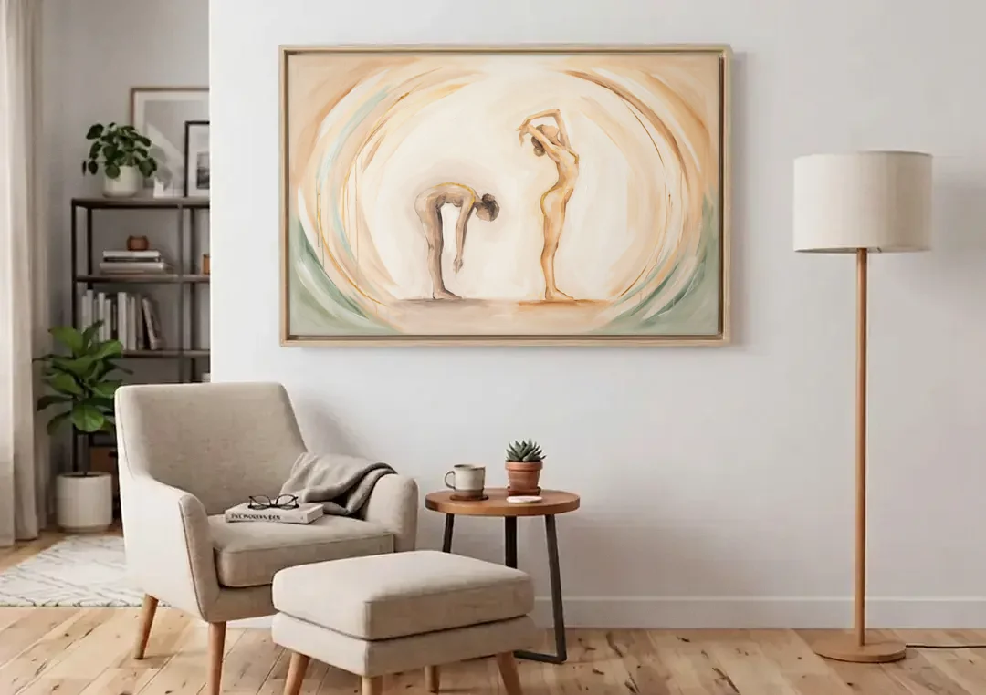 Yoga Painting of Forward Fold and Backbend canvas wall art above an armchair in a bright living room
