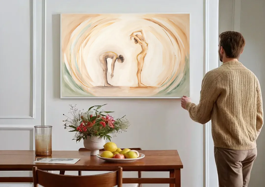 Yoga Painting of Forward Fold and Backbend canvas wall art above a dining table