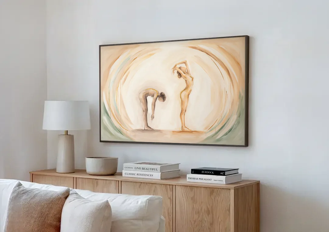 Yoga Painting of Forward Fold and Backbend canvas wall art above a wooden sideboard next to a sofa