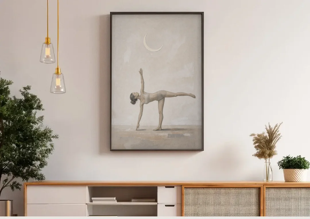 Yoga Studio Decor with Half Moon Pose Under Crescent canvas wall art above a wooden sideboard under pendant lights